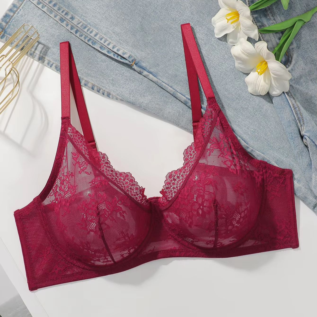 Women Plus Size Red Lace Sheer - огляд і ціна Sheer Mesh Bra